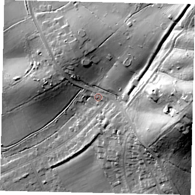 Shaded relief map of the ground around HA54AG, computed from Environment Agency LiDAR. The ground here sits at about 84 m above sea level and falls 53 m across the surrounding 800 m. Surface water reaching this point runs off ground lying to the north-east, 38.2 m higher.