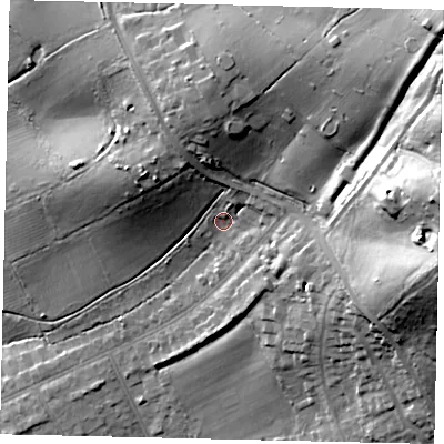Shaded relief map of the ground around HA54AQ, computed from Environment Agency LiDAR. The ground here sits at about 80 m above sea level and falls 48 m across the surrounding 800 m. Surface water reaching this point runs off ground lying to the north-east, 36.8 m higher.