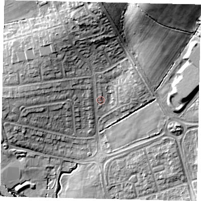 Shaded relief map of the ground around HA54BH, computed from Environment Agency LiDAR. The ground here sits at about 68 m above sea level and falls 30 m across the surrounding 800 m. Surface water reaching this point runs off ground lying to the north, 18.5 m higher.