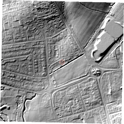 Shaded relief map of the ground around HA54BL, computed from Environment Agency LiDAR. The ground here sits at about 67 m above sea level and falls 27 m across the surrounding 800 m. Surface water reaching this point runs off ground lying to the north-north-east, 5.5 m higher.