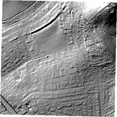 Shaded relief map of the ground around HA54BT, computed from Environment Agency LiDAR. The ground here sits at about 75 m above sea level and falls 49 m across the surrounding 800 m. Surface water reaching this point runs off ground lying to the east, 4.7 m higher.
