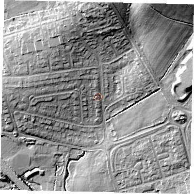 Shaded relief map of the ground around HA54DF, computed from Environment Agency LiDAR. The ground here sits at about 68 m above sea level and falls 29 m across the surrounding 800 m. Surface water reaching this point runs off ground lying to the north, 19.1 m higher.