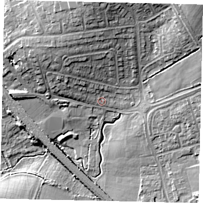 Shaded relief map of the ground around HA54DS, computed from Environment Agency LiDAR. The ground here sits at about 63 m above sea level and falls 21 m across the surrounding 800 m. Surface water reaching this point runs off ground lying to the west-north-west, 6.2 m higher.