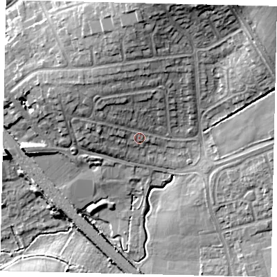 Shaded relief map of the ground around HA54DT, computed from Environment Agency LiDAR. The ground here sits at about 65 m above sea level and falls 22 m across the surrounding 800 m. Surface water reaching this point runs off ground lying to the north-west, 7.4 m higher.
