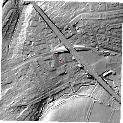 Shaded relief map of the ground around HA54ED, computed from Environment Agency LiDAR. The ground here sits at about 61 m above sea level and falls 20 m across the surrounding 800 m. Surface water reaching this point runs off ground lying to the north-north-east, 7.6 m higher.