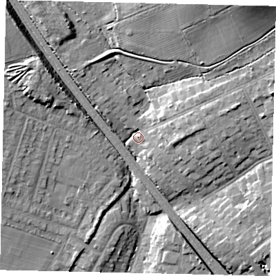 Shaded relief map of the ground around HA54EL, computed from Environment Agency LiDAR. The ground here sits at about 67 m above sea level and falls 22 m across the surrounding 800 m. Surface water reaching this point runs off ground lying to the north-east, 19.1 m higher.