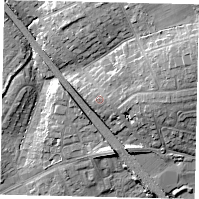 Shaded relief map of the ground around HA54EN, computed from Environment Agency LiDAR. The ground here sits at about 70 m above sea level and falls 20 m across the surrounding 800 m. Surface water reaching this point runs off ground lying to the west, 1.2 m higher.