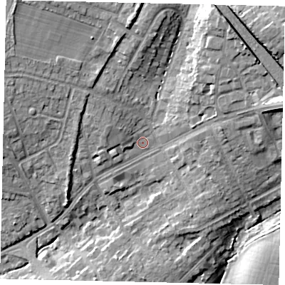 Shaded relief map of the ground around HA54FG, computed from Environment Agency LiDAR. The ground here sits at about 59 m above sea level and falls 16 m across the surrounding 800 m. Surface water reaching this point runs off ground lying to the west-north-west, 3.8 m higher.