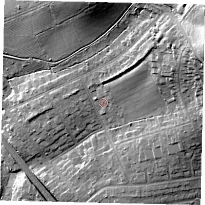 Shaded relief map of the ground around HA54HF, computed from Environment Agency LiDAR. The ground here sits at about 72 m above sea level and falls 39 m across the surrounding 800 m. Surface water reaching this point runs off ground lying to the north-east, 4.3 m higher.