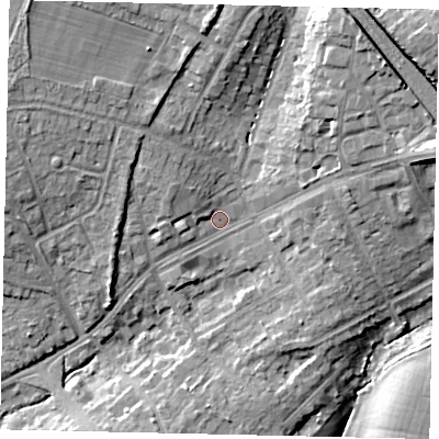 Shaded relief map of the ground around HA54HR, computed from Environment Agency LiDAR. The ground here sits at about 59 m above sea level and falls 16 m across the surrounding 800 m. Surface water reaching this point runs off ground lying to the north-west, 3.8 m higher.