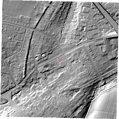 Shaded relief map of the ground around HA54JR, computed from Environment Agency LiDAR. The ground here sits at about 59 m above sea level and falls 16 m across the surrounding 800 m. Surface water reaching this point runs off ground lying to the east-north-east, 10.0 m higher.