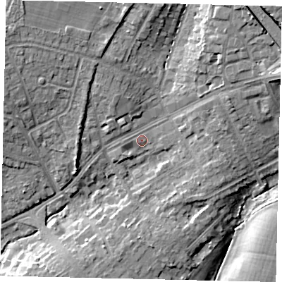 Shaded relief map of the ground around HA54JS, computed from Environment Agency LiDAR. The ground here sits at about 59 m above sea level and falls 16 m across the surrounding 800 m. Surface water reaching this point runs off ground lying to the north-east, 8.9 m higher.