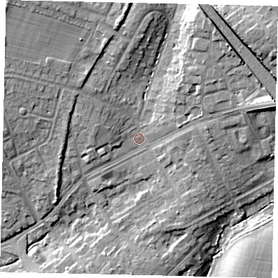 Shaded relief map of the ground around HA54LD, computed from Environment Agency LiDAR. The ground here sits at about 59 m above sea level and falls 16 m across the surrounding 800 m. Surface water reaching this point runs off ground lying to the north-west, 9.0 m higher.