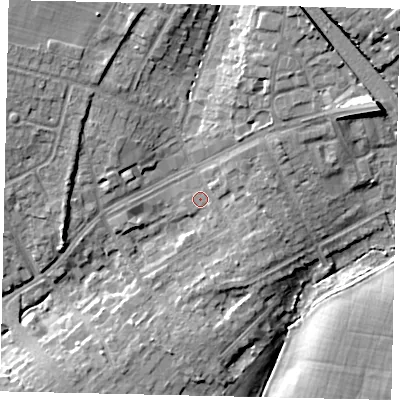 Shaded relief map of the ground around HA54LU, computed from Environment Agency LiDAR. The ground here sits at about 59 m above sea level and falls 17 m across the surrounding 800 m. Surface water reaching this point runs off ground lying to the north-east, 3.2 m higher.