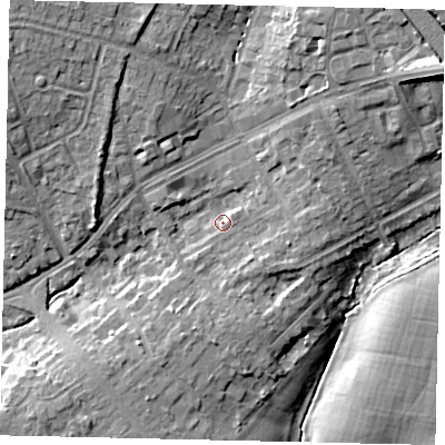 Shaded relief map of the ground around HA54NB, computed from Environment Agency LiDAR. The ground here sits at about 59 m above sea level and falls 16 m across the surrounding 800 m. Surface water reaching this point runs off ground lying to the south-south-west, 3.3 m higher.