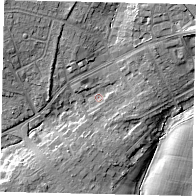 Shaded relief map of the ground around HA54ND, computed from Environment Agency LiDAR. The ground here sits at about 58 m above sea level and falls 15 m across the surrounding 800 m. Surface water reaching this point runs off ground lying to the south, 3.6 m higher.