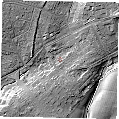 Shaded relief map of the ground around HA54NE, computed from Environment Agency LiDAR. The ground here sits at about 58 m above sea level and falls 14 m across the surrounding 800 m. Surface water reaching this point runs off ground lying to the south, 3.5 m higher.