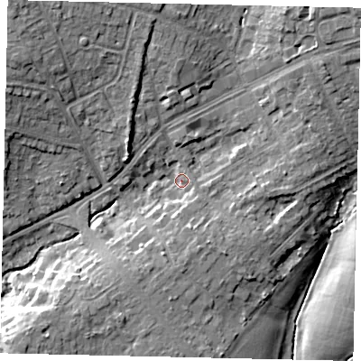 Shaded relief map of the ground around HA54NL, computed from Environment Agency LiDAR. The ground here sits at about 58 m above sea level and falls 15 m across the surrounding 800 m. Surface water reaching this point runs off ground lying to the north-north-west, 7.2 m higher.