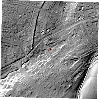 Shaded relief map of the ground around HA54NN, computed from Environment Agency LiDAR. The ground here sits at about 59 m above sea level and falls 14 m across the surrounding 800 m. Surface water reaching this point runs off ground lying to the north-west, 9.0 m higher.