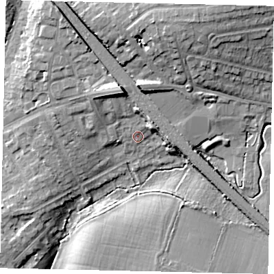 Shaded relief map of the ground around HA54NZ, computed from Environment Agency LiDAR. The ground here sits at about 60 m above sea level and falls 19 m across the surrounding 800 m. Surface water reaching this point runs off ground lying to the north-east, 4.7 m higher.