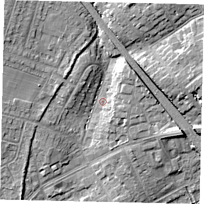 Shaded relief map of the ground around HA54PA, computed from Environment Agency LiDAR. The ground here sits at about 61 m above sea level and falls 15 m across the surrounding 800 m. Surface water reaching this point runs off ground lying to the north-north-west, 8.4 m higher.