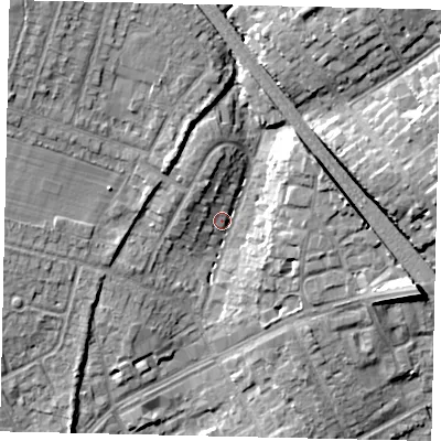 Shaded relief map of the ground around HA54PB, computed from Environment Agency LiDAR. The ground here sits at about 62 m above sea level and falls 15 m across the surrounding 800 m. Surface water reaching this point runs off ground lying to the north-north-west, 8.5 m higher.