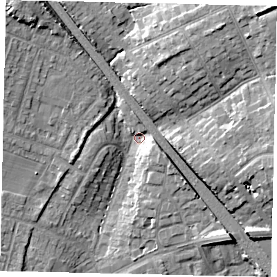Shaded relief map of the ground around HA54PD, computed from Environment Agency LiDAR. The ground here sits at about 62 m above sea level and falls 17 m across the surrounding 800 m. Surface water reaching this point runs off ground lying to the north-west, 12.4 m higher.