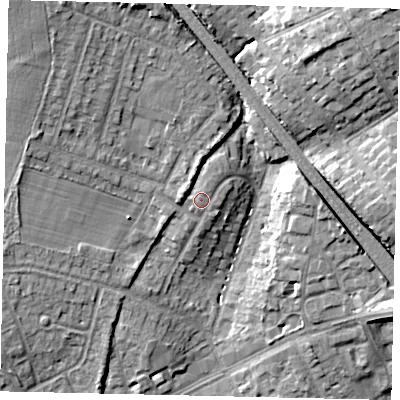 Shaded relief map of the ground around HA54PE, computed from Environment Agency LiDAR. The ground here sits at about 65 m above sea level and falls 15 m across the surrounding 800 m. Surface water reaching this point runs off ground lying to the north-north-west, 3.0 m higher.