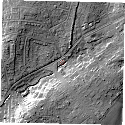 Shaded relief map of the ground around HA54QX, computed from Environment Agency LiDAR. The ground here sits at about 57 m above sea level and falls 14 m across the surrounding 800 m. Surface water reaching this point runs off ground lying to the north-north-east, 7.9 m higher.