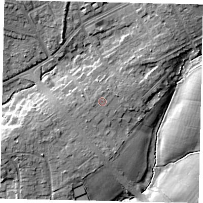 Shaded relief map of the ground around HA54RA, computed from Environment Agency LiDAR. The ground here sits at about 61 m above sea level and falls 13 m across the surrounding 800 m. Surface water reaching this point runs off ground lying to the north, 0.6 m higher.
