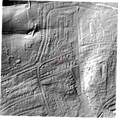 Shaded relief map of the ground around HA54RN, computed from Environment Agency LiDAR. The ground here sits at about 65 m above sea level and falls 34 m across the surrounding 800 m. Surface water reaching this point runs off ground lying to the west, 14.4 m higher.