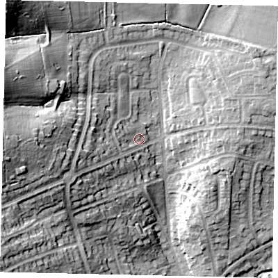 Shaded relief map of the ground around HA54RR, computed from Environment Agency LiDAR. The ground here sits at about 61 m above sea level and falls 29 m across the surrounding 800 m. Surface water reaching this point runs off ground lying to the west, 19.5 m higher.