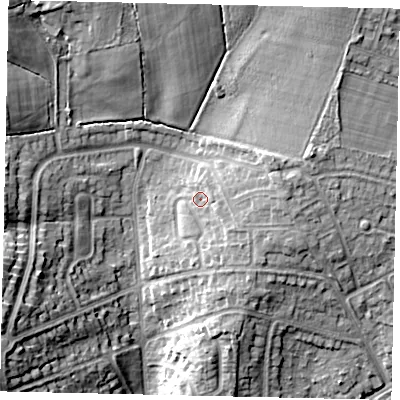 Shaded relief map of the ground around HA54RT, computed from Environment Agency LiDAR. The ground here sits at about 63 m above sea level and falls 16 m across the surrounding 800 m. Surface water reaching this point runs off ground lying to the east, 4.0 m higher.