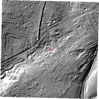 Shaded relief map of the ground around HA54SB, computed from Environment Agency LiDAR. The ground here sits at about 58 m above sea level and falls 15 m across the surrounding 800 m. Surface water reaching this point runs off ground lying to the south-south-east, 4.2 m higher.