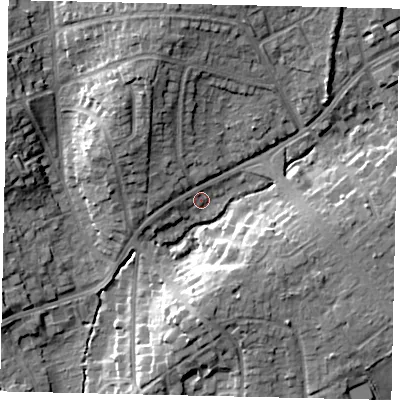 Shaded relief map of the ground around HA54SN, computed from Environment Agency LiDAR. The ground here sits at about 56 m above sea level and falls 14 m across the surrounding 800 m. Surface water reaching this point runs off ground lying to the north, 11.6 m higher.