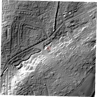 Shaded relief map of the ground around HA54SR, computed from Environment Agency LiDAR. The ground here sits at about 57 m above sea level and falls 14 m across the surrounding 800 m. Surface water reaching this point runs off ground lying to the north-north-east, 7.0 m higher.