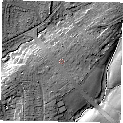 Shaded relief map of the ground around HA54SS, computed from Environment Agency LiDAR. The ground here sits at about 61 m above sea level and falls 13 m across the surrounding 800 m. The ground contributing surface water to this point lies to the north-north-west.