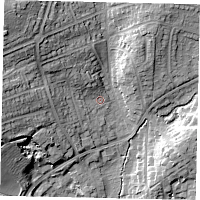 Shaded relief map of the ground around HA54TW, computed from Environment Agency LiDAR. The ground here sits at about 56 m above sea level and falls 27 m across the surrounding 800 m. Surface water reaching this point runs off ground lying to the north-west, 22.4 m higher.
