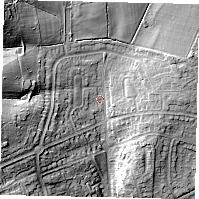 Shaded relief map of the ground around HA54TY, computed from Environment Agency LiDAR. The ground here sits at about 60 m above sea level and falls 25 m across the surrounding 800 m. Surface water reaching this point runs off ground lying to the north-west, 20.4 m higher.