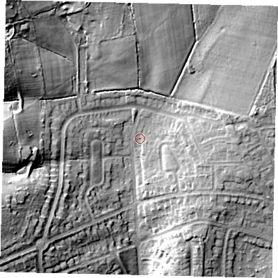 Shaded relief map of the ground around HA54TZ, computed from Environment Agency LiDAR. The ground here sits at about 61 m above sea level and falls 22 m across the surrounding 800 m. Surface water reaching this point runs off ground lying to the north, 9.5 m higher.