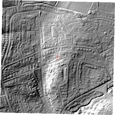 Shaded relief map of the ground around HA54UB, computed from Environment Agency LiDAR. The ground here sits at about 63 m above sea level and falls 18 m across the surrounding 800 m. Surface water reaching this point runs off ground lying to the east-north-east, 3.0 m higher.