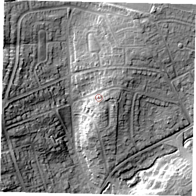 Shaded relief map of the ground around HA54UD, computed from Environment Agency LiDAR. The ground here sits at about 63 m above sea level and falls 19 m across the surrounding 800 m. Surface water reaching this point runs off ground lying to the east-north-east, 4.2 m higher.