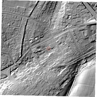 Shaded relief map of the ground around HA54UH, computed from Environment Agency LiDAR. The ground here sits at about 59 m above sea level and falls 16 m across the surrounding 800 m. Surface water reaching this point runs off ground lying to the east-north-east, 9.9 m higher.