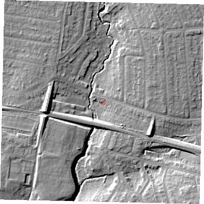 Shaded relief map of the ground around HA55AA, computed from Environment Agency LiDAR. The ground here sits at about 44 m above sea level and falls 12 m across the surrounding 800 m. Surface water reaching this point runs off ground lying to the west, 10.4 m higher.