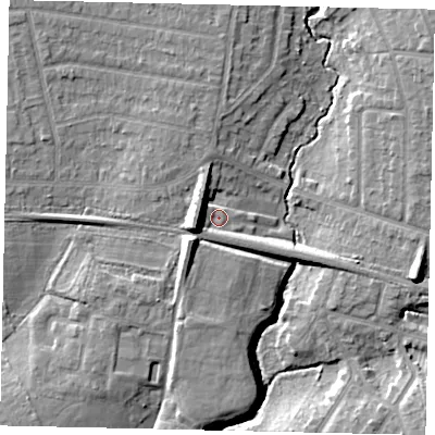 Shaded relief map of the ground around HA55AD, computed from Environment Agency LiDAR. The ground here sits at about 46 m above sea level and falls 12 m across the surrounding 800 m. Surface water reaching this point runs off ground lying to the west-south-west, 6.6 m higher.