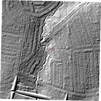 Shaded relief map of the ground around HA55AU, computed from Environment Agency LiDAR. The ground here sits at about 45 m above sea level and falls 12 m across the surrounding 800 m. Surface water reaching this point runs off ground lying to the south-west, 10.4 m higher.