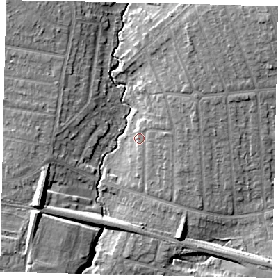 Shaded relief map of the ground around HA55AX, computed from Environment Agency LiDAR. The ground here sits at about 46 m above sea level and falls 12 m across the surrounding 800 m. Surface water reaching this point runs off ground lying to the east-north-east, 5.4 m higher.