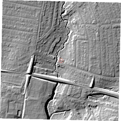 Shaded relief map of the ground around HA55AZ, computed from Environment Agency LiDAR. The ground here sits at about 44 m above sea level and falls 12 m across the surrounding 800 m. Surface water reaching this point runs off ground lying to the west-south-west, 10.4 m higher.