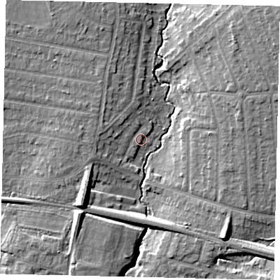 Shaded relief map of the ground around HA55BA, computed from Environment Agency LiDAR. The ground here sits at about 45 m above sea level and falls 12 m across the surrounding 800 m. Surface water reaching this point runs off ground lying to the south-west, 10.4 m higher.