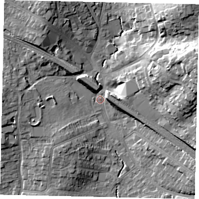 Shaded relief map of the ground around HA55FA, computed from Environment Agency LiDAR. The ground here sits at about 49 m above sea level and falls 23 m across the surrounding 800 m. Surface water reaching this point runs off ground lying to the east-north-east, 22.4 m higher.